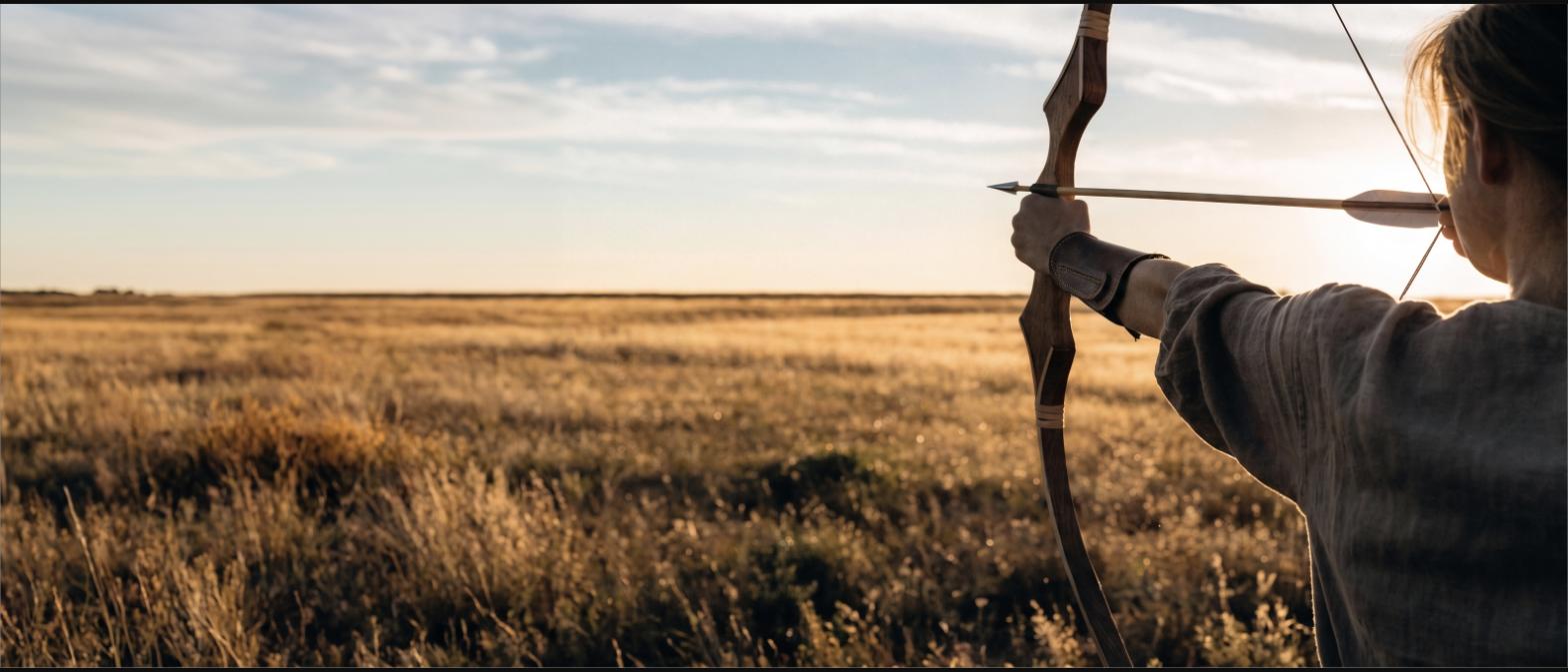 Archer at full draw with a traditional recurve bow at sunset