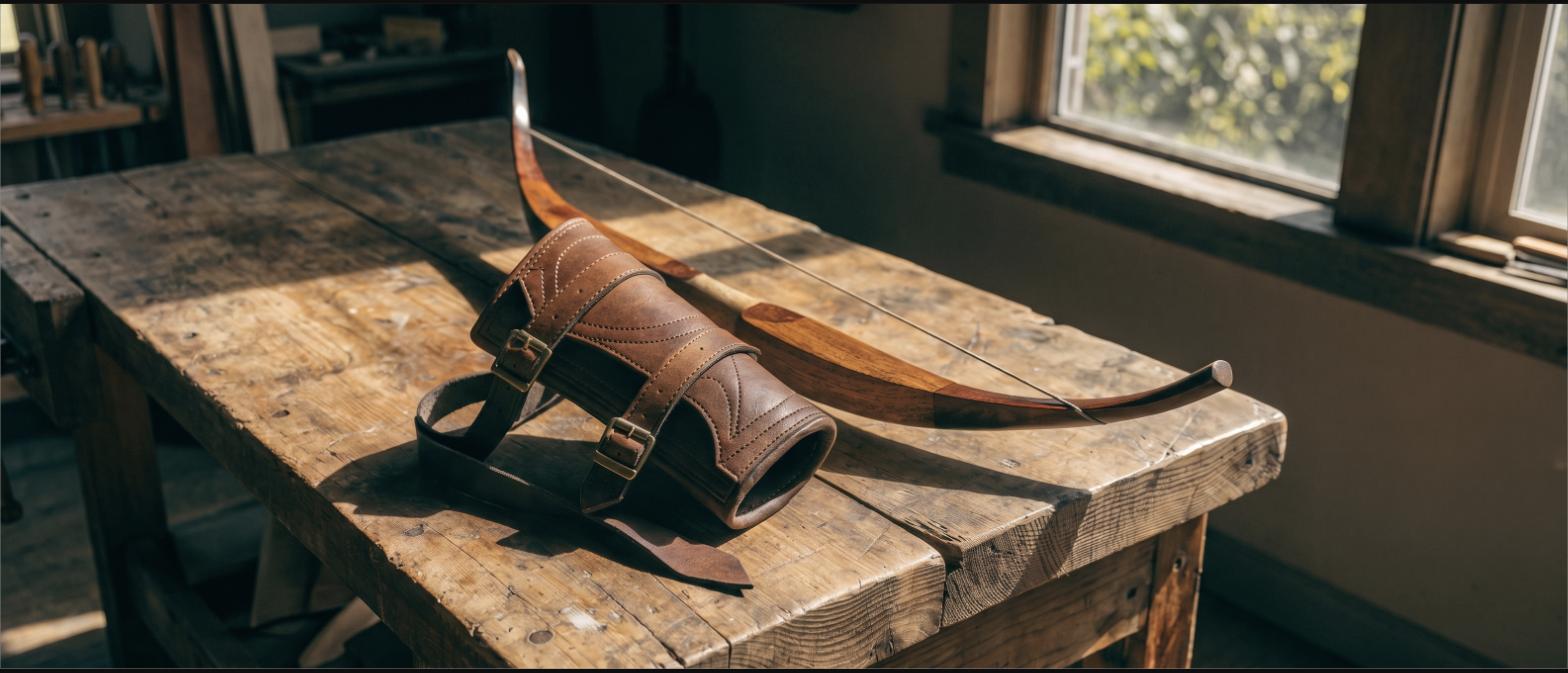 Tooled leather archery arm guard on a workbench beside a wooden recurve bow